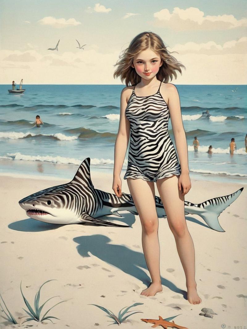 00113-492835955-a girl on the beach surrounded by Zebra Shark Russian popular print.jpg